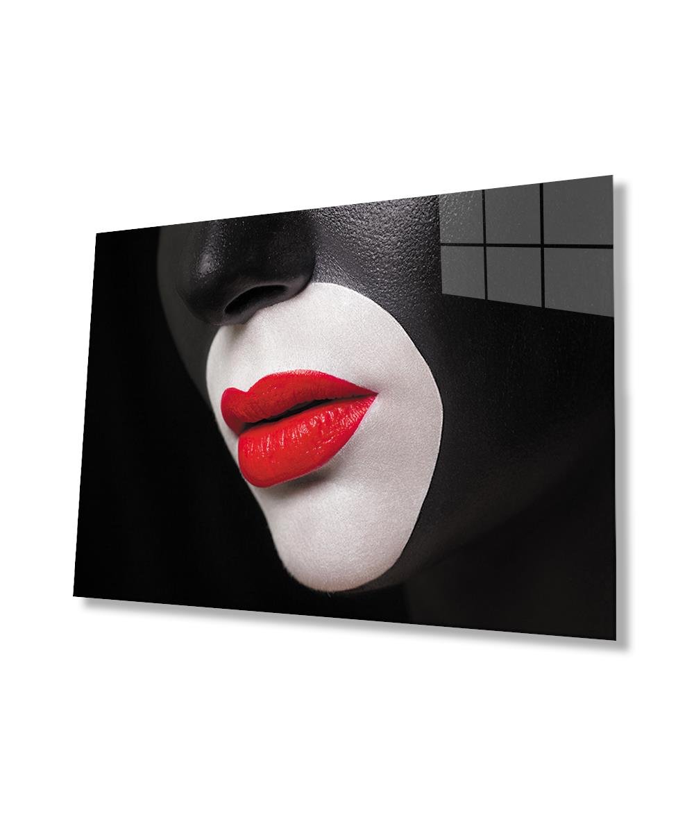 Kadınlar Siyah Yüz Kırmızı Dudak Cam Tablo  4mm Dayanıklı Temperli Cam, Women Black Face Red Lip Glass Wall Art