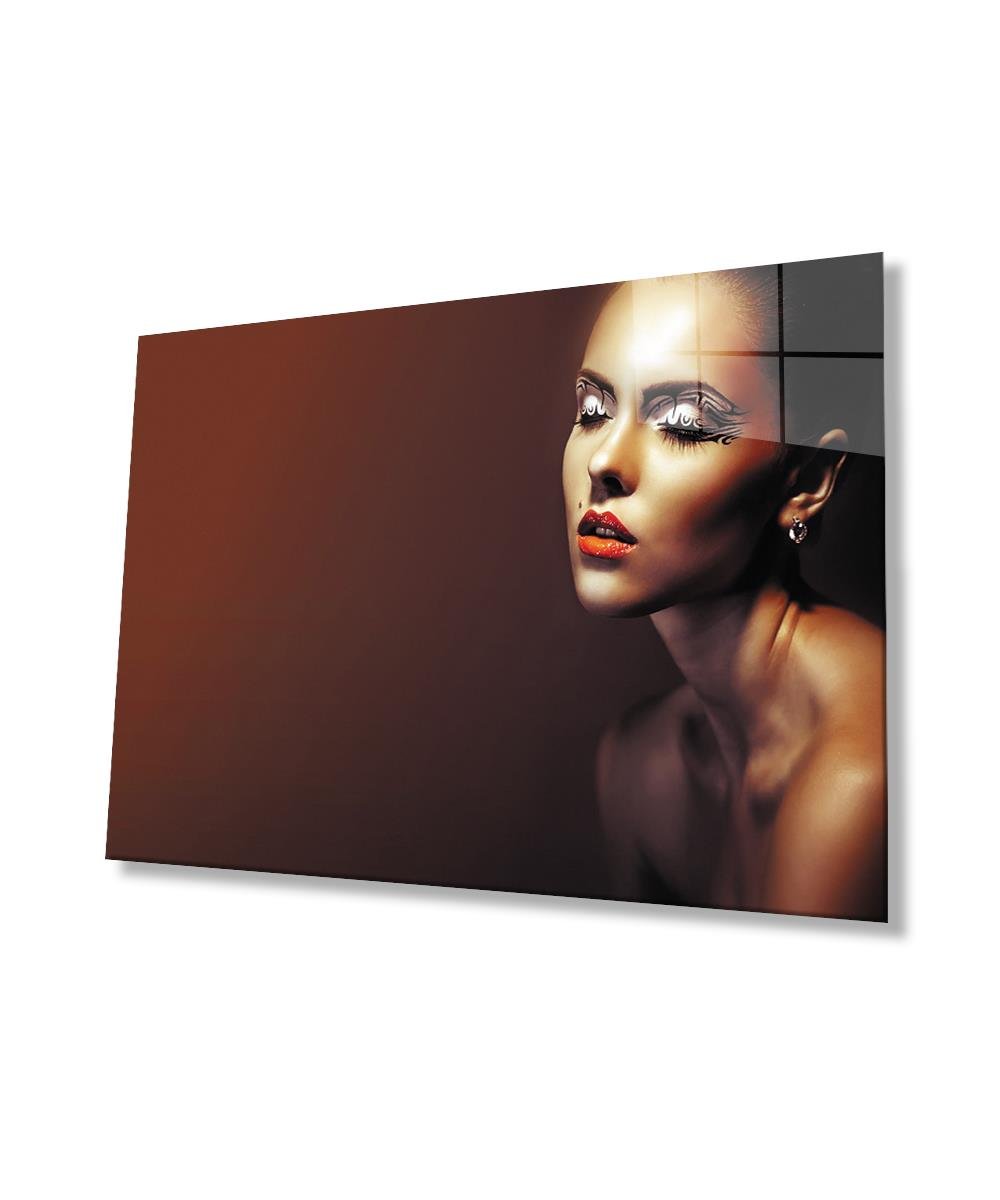 Kadınlar Tribal Göz Makyajı Cam Tablo  4mm Dayanıklı Temperli Cam, Women Tribal  Eye Makeup Glass Wall Art