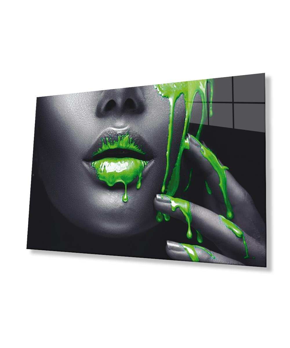 Kadınlar Yeşil Dudak Kadın Cam Tablo 4mm Dayanıklı Temperli Cam, Women Green and Lip Glass Wall Art