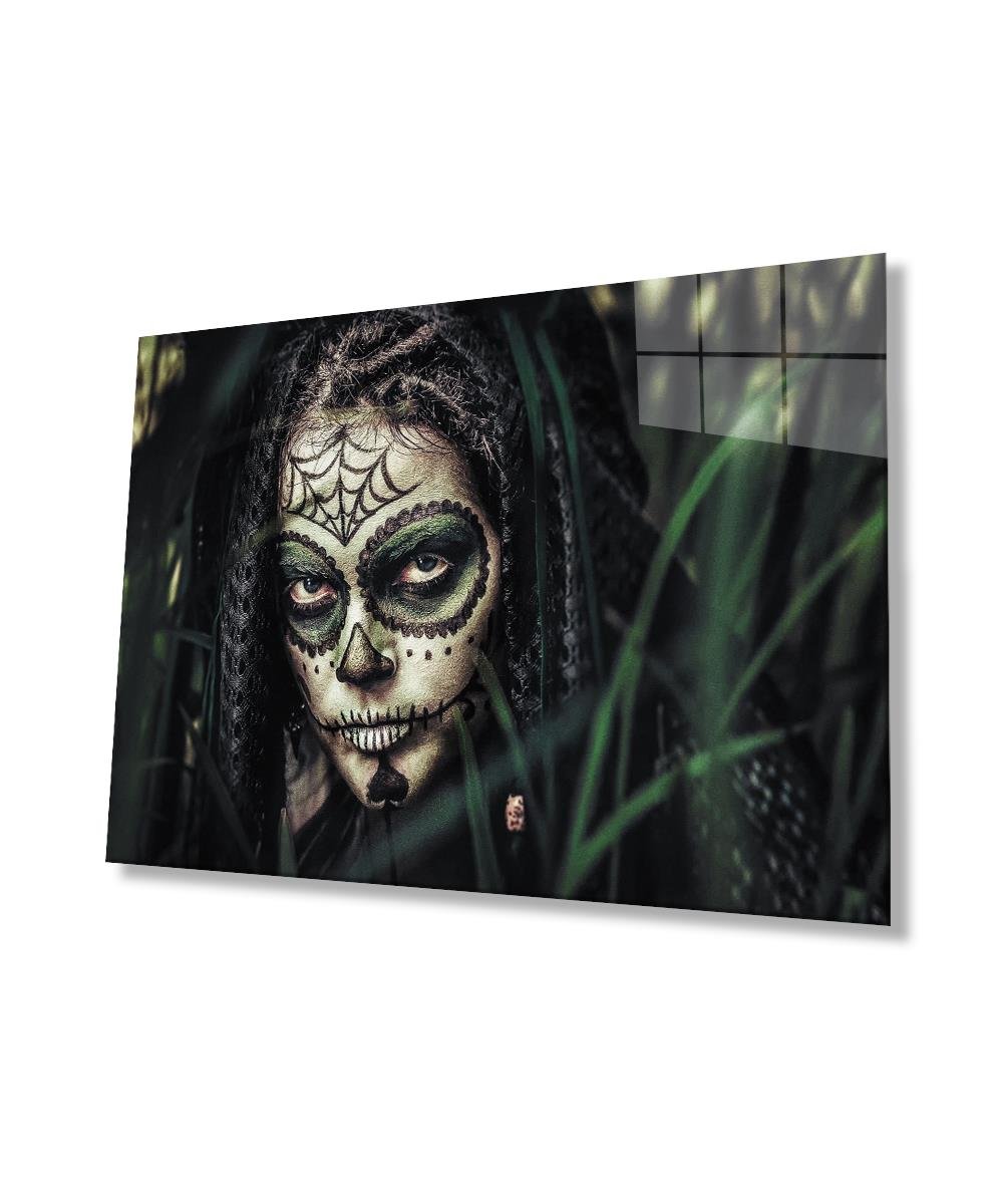 Kafatası Makyajı Yerli Kadın Cam Tablo  4mm Dayanıklı Temperli Cam, Skull Makeup Native Woman Glass Wall Art