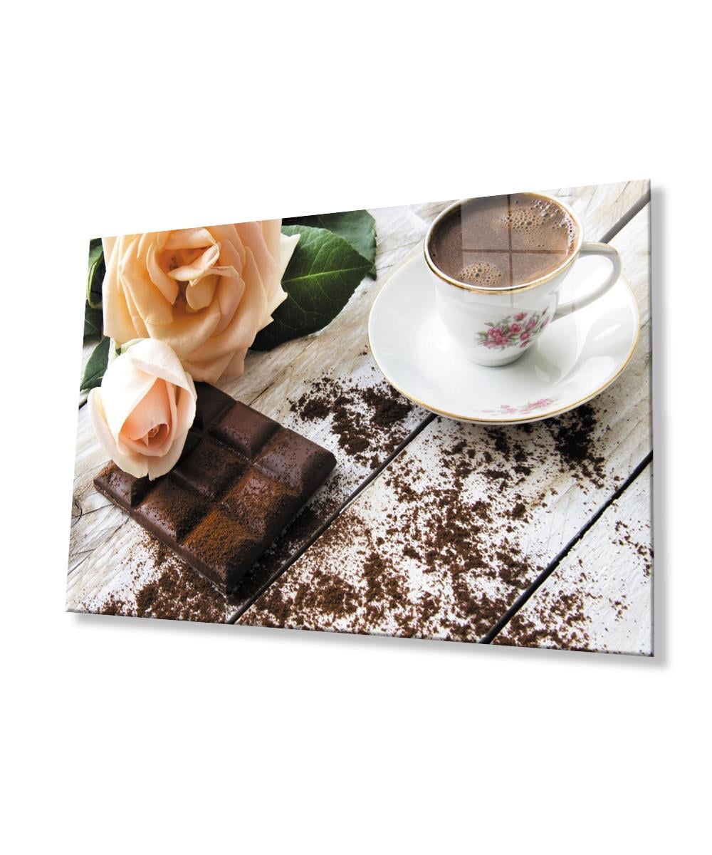 Kahve Çikolata Gül Mutfak Cam Tablo  4mm Dayanıklı Temperli Cam Coffee Chocolate Rose Kitchen Glass Wall Art
