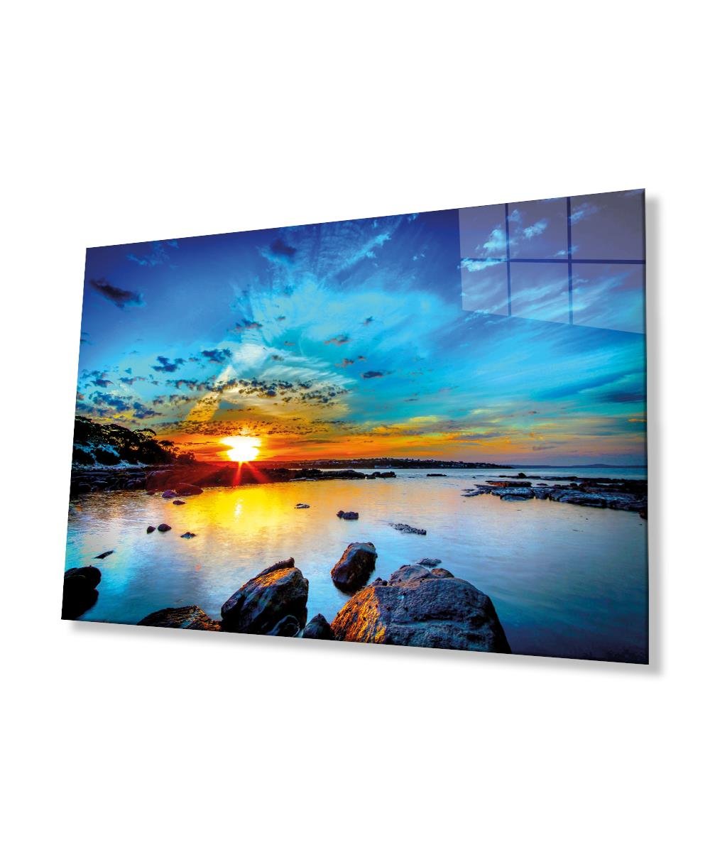 Kaya Deniz Manzara Cam Tablo  4mm Dayanıklı Temperli Cam Mountain Reflection Landscape Glass Table 4mm Durable Tempered Glass