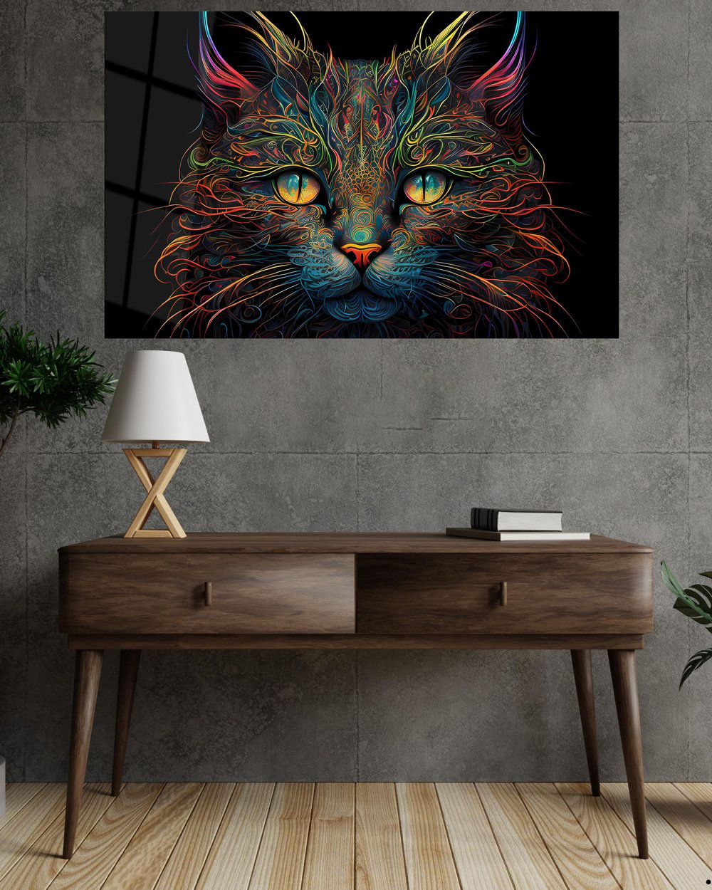 Kedi  Figürlü Cam Tablo Modern Ofis Makam Odası Hediyelik Büyük Tablo Duvar Dekoru 
