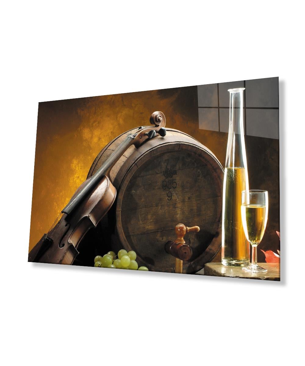 Keman Şampanya Fıçı Cam Tablo  4mm Dayanıklı Temperli Cam Violin Champagne Barrel Glass Wall Art