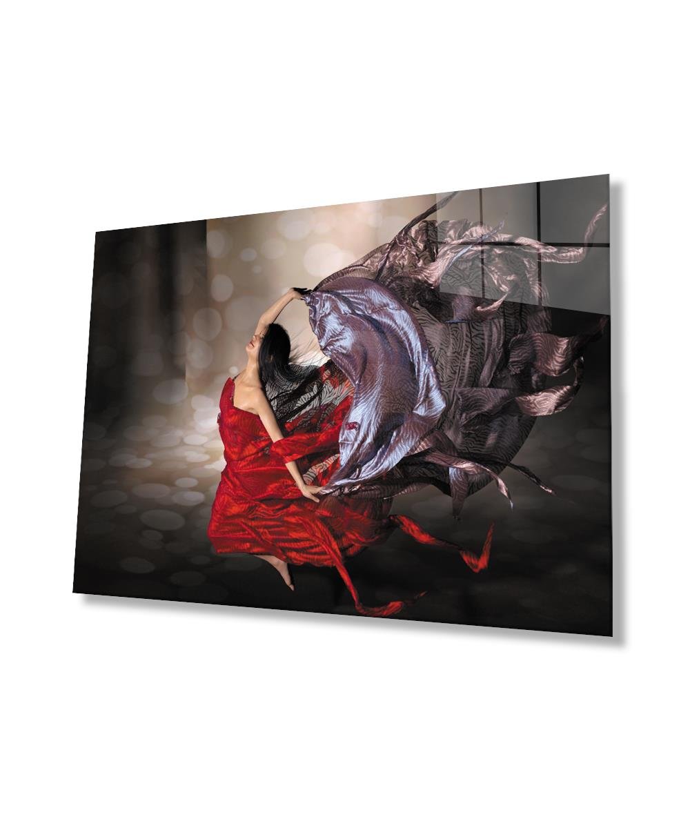 Kırmızı Dans Eden Kadın Uçuşan Tüller Cam Tablo  4mm Dayanıklı Temperli Cam, Red Dancing Woman Flying Tulle Glass Wall Art