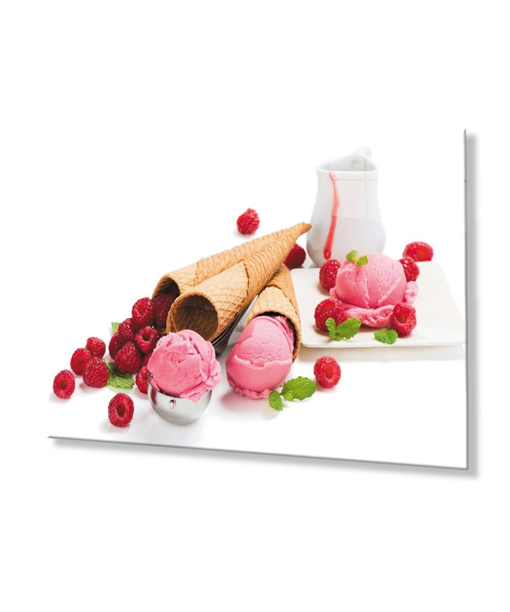 Kırmızı Meyveli Dondurma Cam Tablo  4mm Dayanıklı Temperli Cam Red Fruit Ice Cream Glass Wall Art