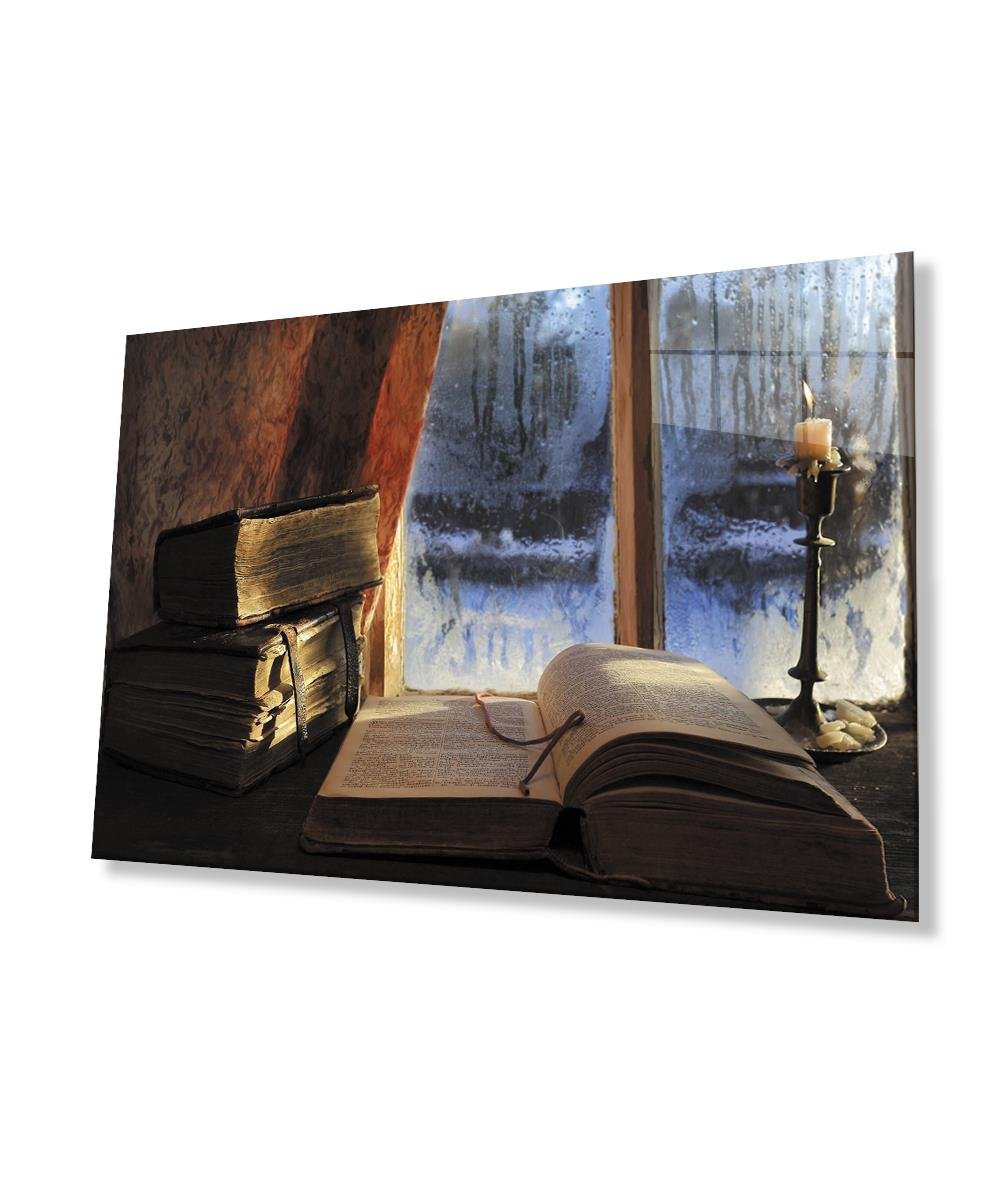 Kış Kitap Mum   Cam Tablo  4mm Dayanıklı Temperli Cam Winter Book Candle Glass Wall Art