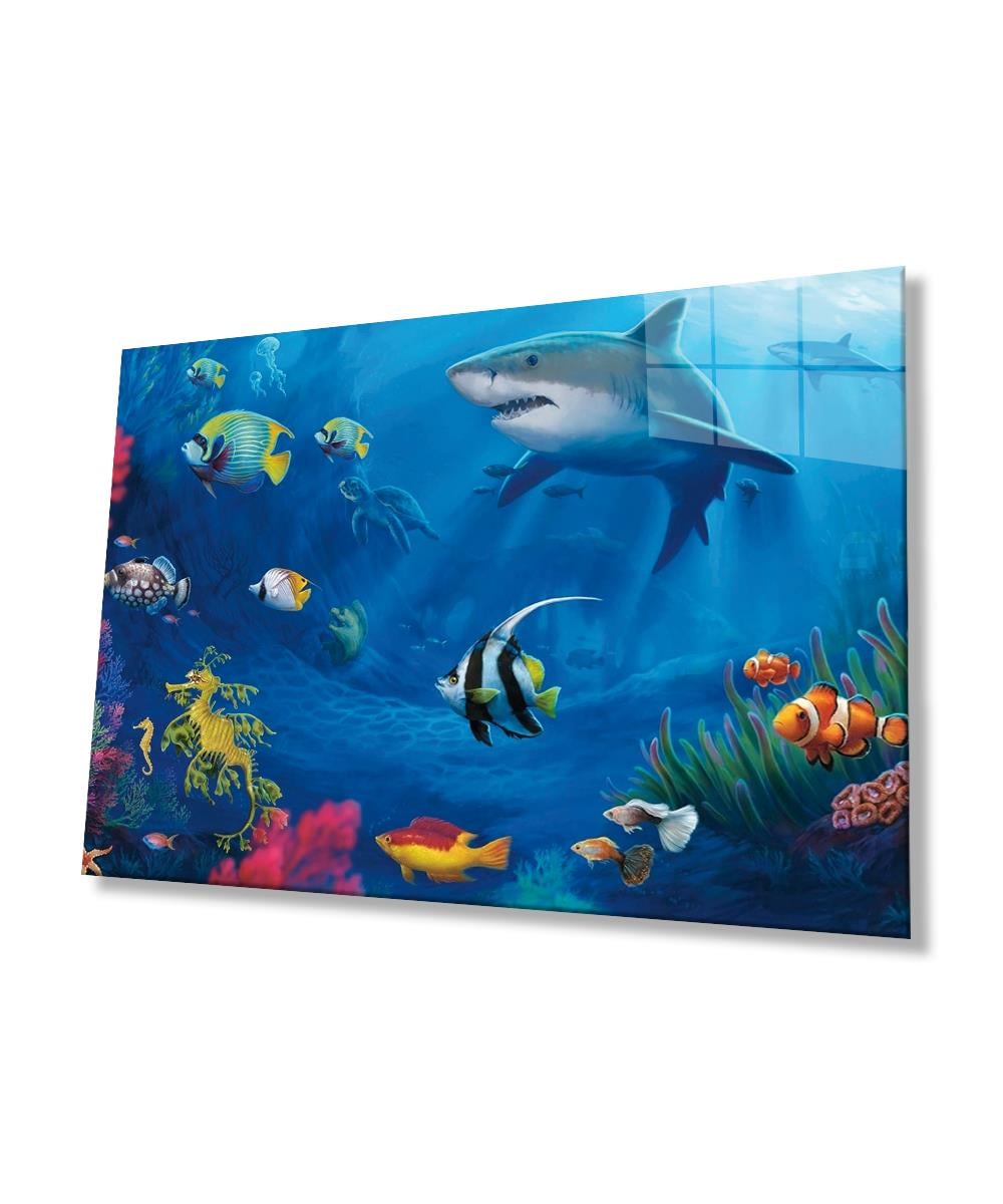 Köpek Balığı Cam Tablo  4mm Dayanıklı Temperli Cam, Shark Glass Wall Art