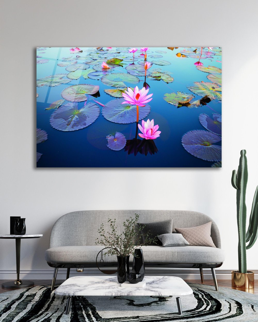 Lotus Çiçeği Göl Cam Tablo Modern Ev Ofis Salon Hediyelik Büyük Tablo Duvar Dekoru 