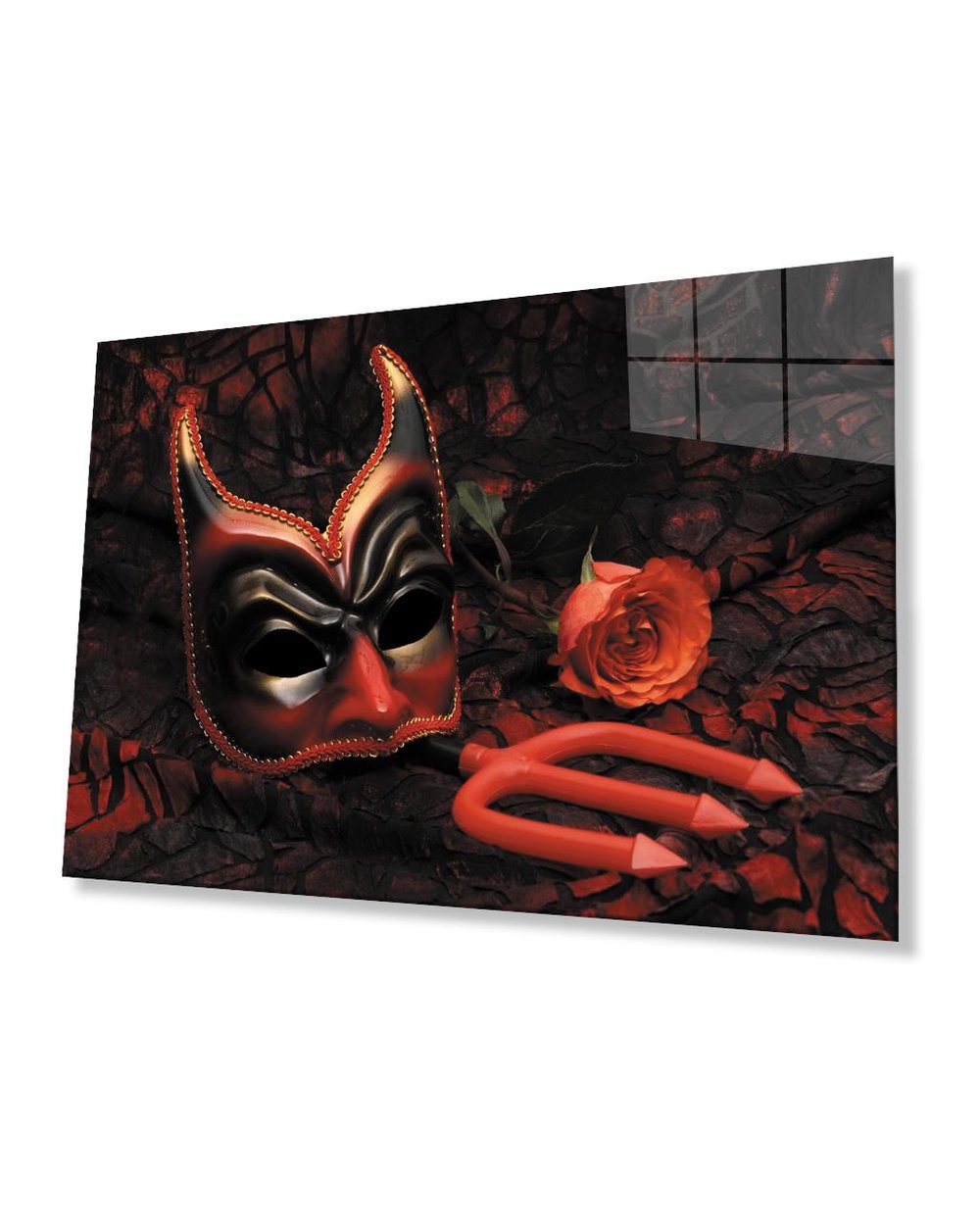 Maske Kırmızı Gül Cam Tablo  4mm Dayanıklı Temperli Cam Mask Red Rose Glass Table 4mm Durable Tempered Glass