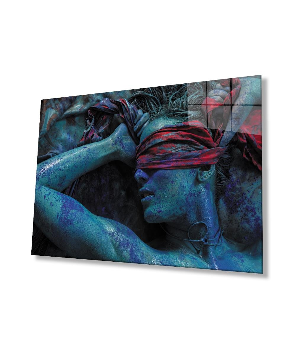 Mavi Boyalı Gözü Bağlı Kadın Cam Tablo  4mm Dayanıklı Temperli Cam, Blindfolded Woman Painted Blue Glass Wall Art