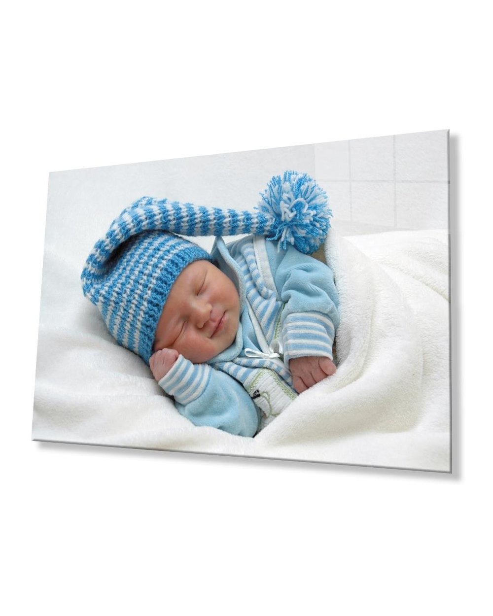 Mavi Şpkalı Uyuyan Bebek Cam Tablo  4mm Dayanıklı Temperli Cam Sleeping Baby With Blue Hat Glass Table 4mm Durable Tempered Glass