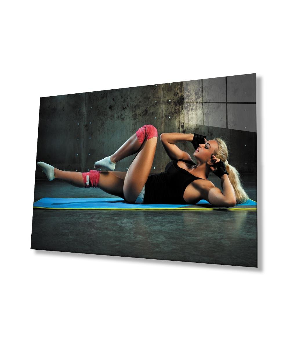Mekik Çeken Kadın Cam Tablo  4mm Dayanıklı Temperli Cam, Woman Doing Sit-Ups Glass Wall Art