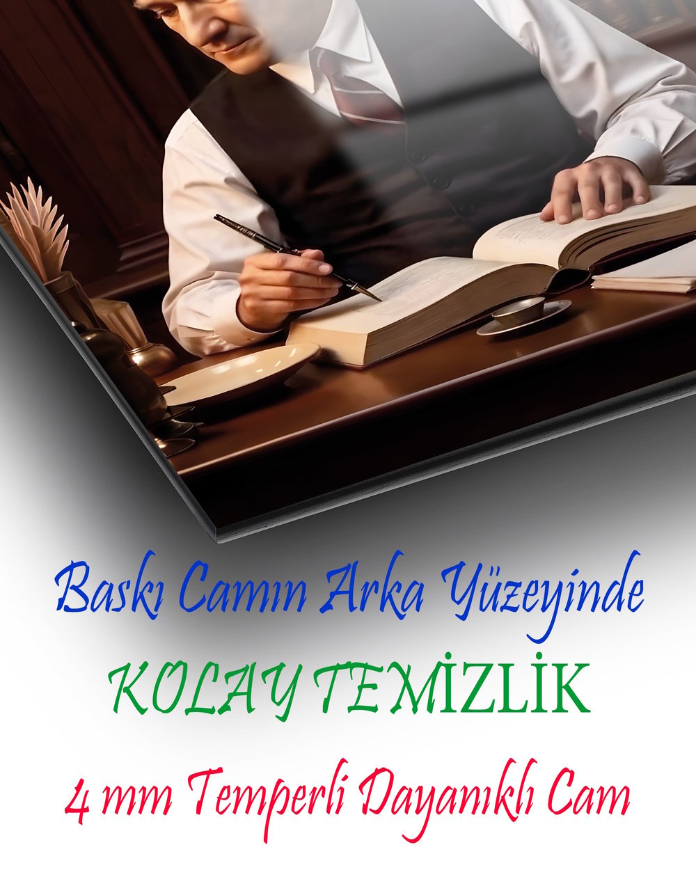 Mustafa Kemal Atatürk Cam Tablo | Liderlik ve Vizyon Temalı Dekoratif Temperli Cam Duvar Tablosu