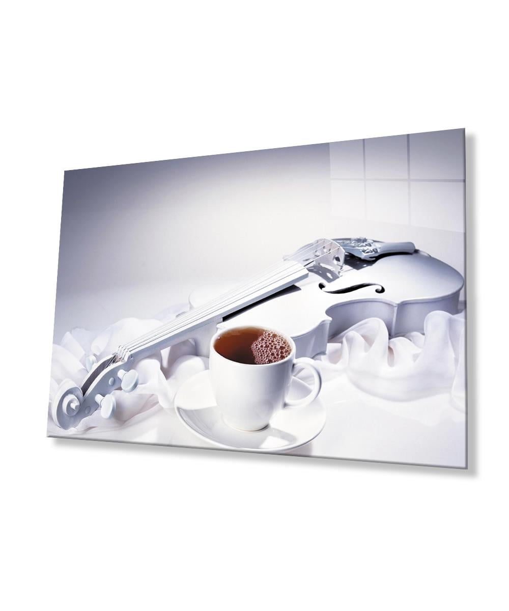 Müzik Çay Keman Mutfak Natürmort Cam Tablo  4mm Dayanıklı Temperli Cam Music Tea Violin Kitchen Still Life Glass Wall Art