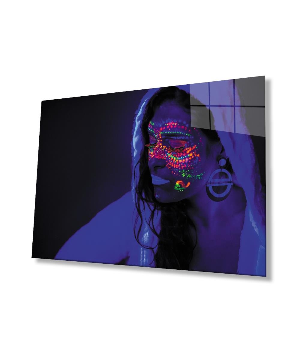 Neon Makyajlı Kadın Cam Tablo  4mm Dayanıklı Temperli Cam,  Woman with Neon Makeup Glass Wall Art