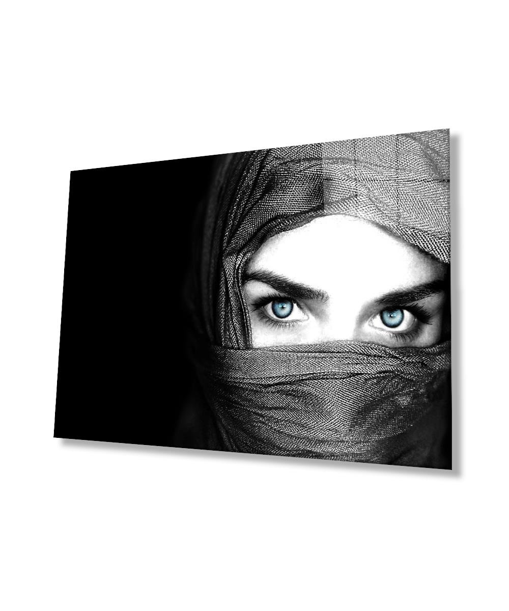 Peçeli Mavi Gözlü Kadın Cam Tablo  4mm Dayanıklı Temperli Cam, Veiled Blue Eyed Woman Glass Wall Art