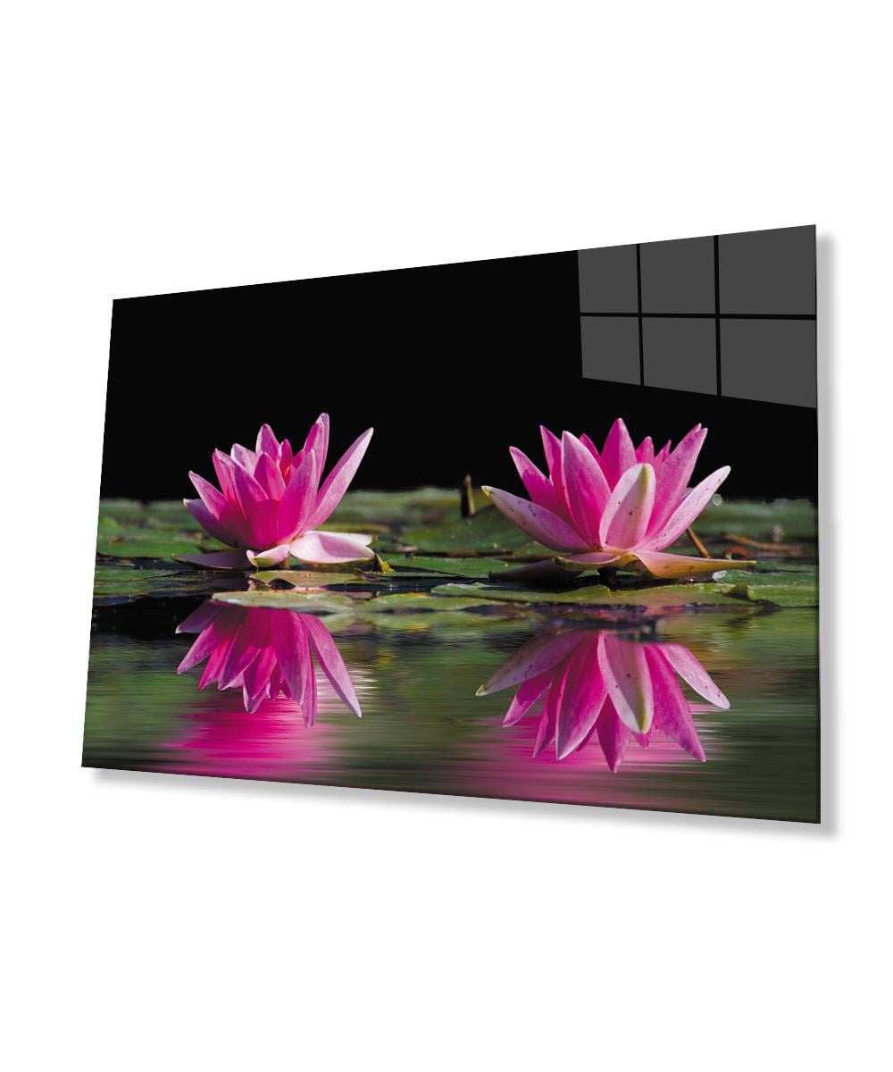 Pembe Lotus Çiçeği Cam Tablo  4mm Dayanıklı Temperli Cam Pink Lotus Flower Glass Wall Art