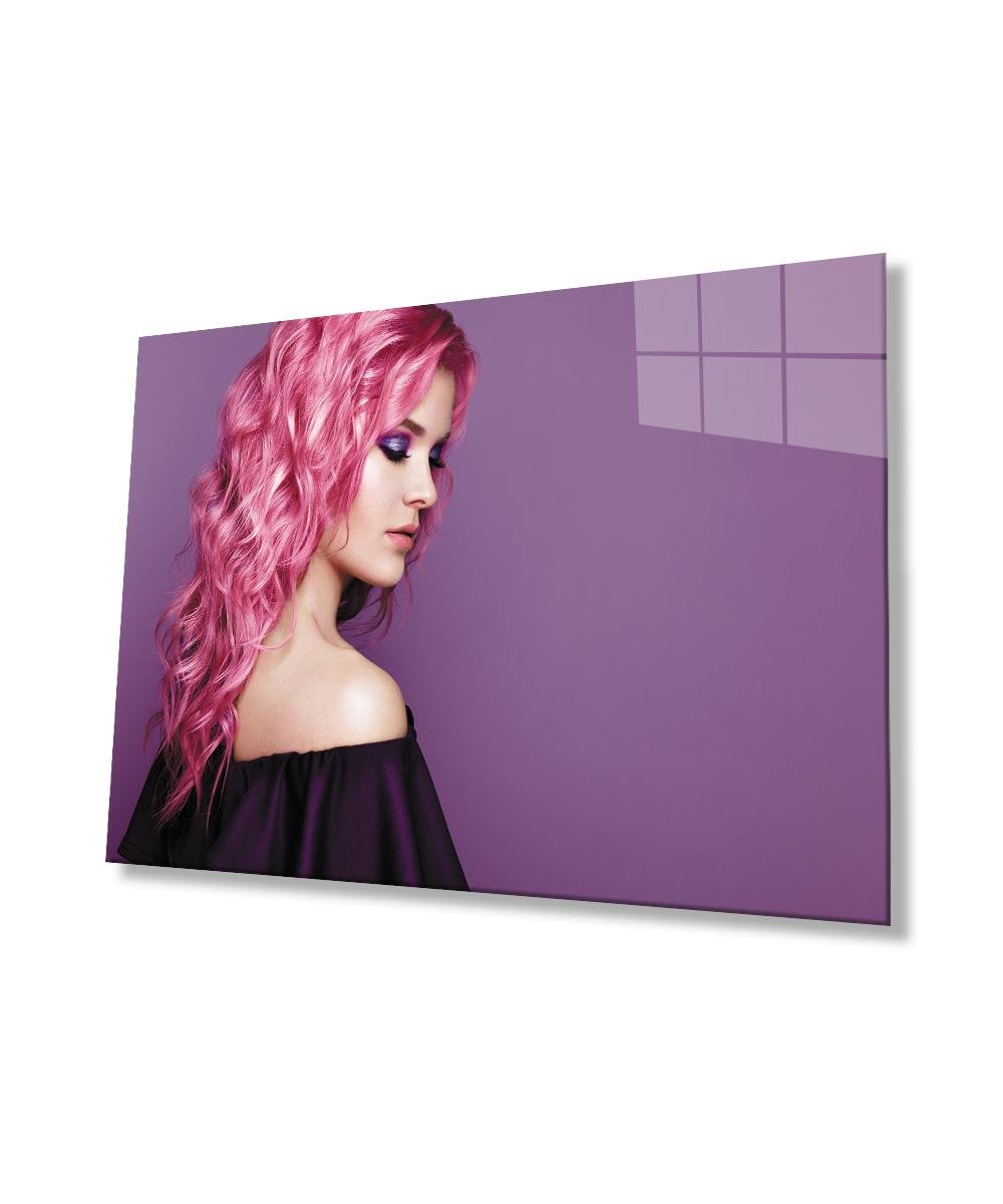 Pembe Saçlı Kadın Cam Tablo  4mm Dayanıklı Temperli Cam, Pink Haired Woman Glass Wall Art