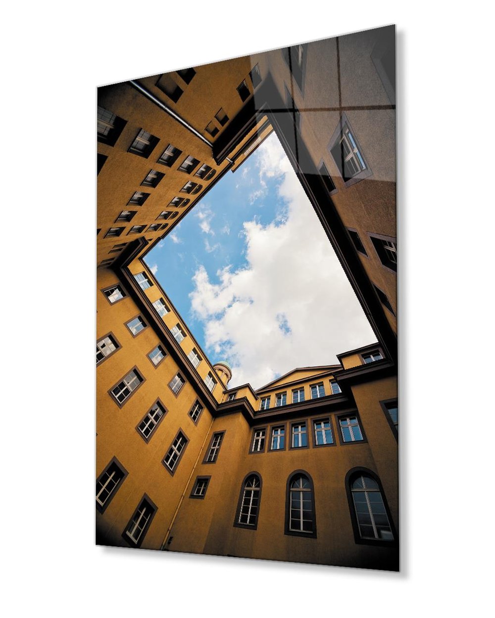 Pencereli Sarı Geometrik Cam  Tablo 4mm Dayanıklı Temperli Cam  Yellow Geometric Architectural Glass Painting With Window