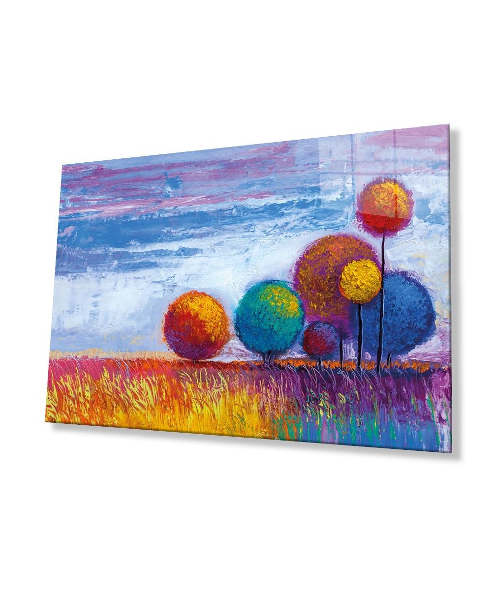 Renkli Ağaçlar Tablo 4mm Dayanıklı Temperli Cam  Brown Trees Starry Sky Glass Painting