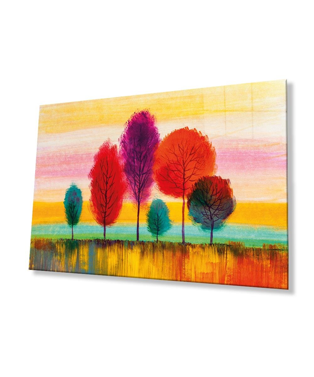 Renkli Ağaçlar Tablo 4mm Dayanıklı Temperli Cam  Brown Trees Starry Sky Glass Painting