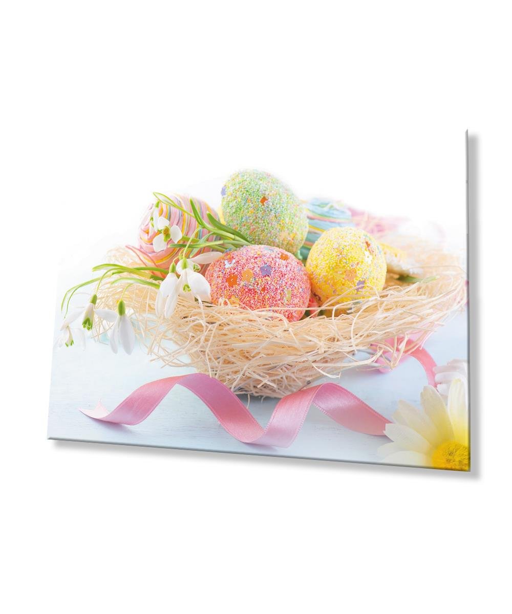 Renkli Yumurtalar Paskalya Cam Tablo  4mm Dayanıklı Temperli Cam Colored Eggs Easter Glass Wall Art