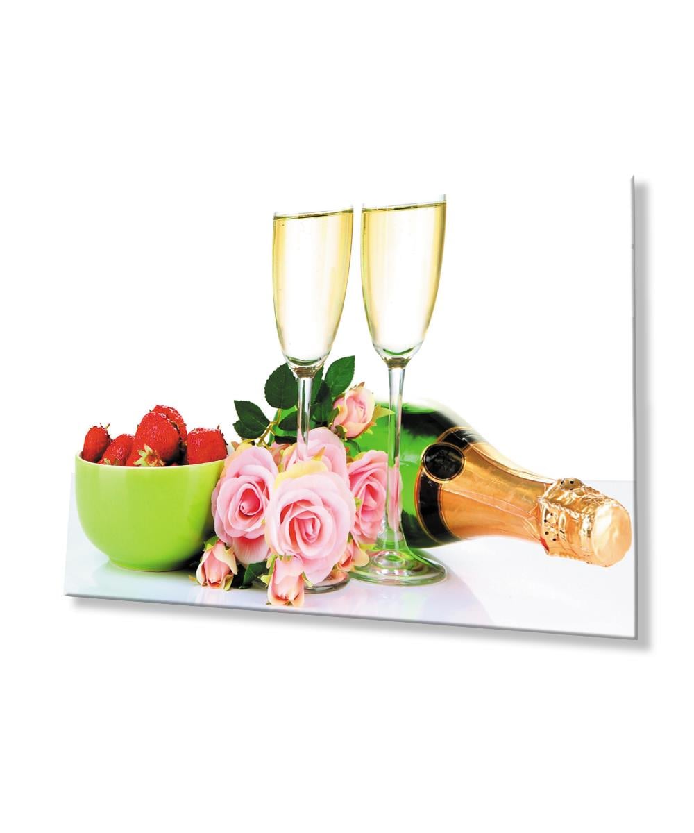 Şampanya Kadeh Çilek Gül   Cam Tablo  4mm Dayanıklı Temperli Cam Champagne Glass Strawberry Rose Glass Wall Art