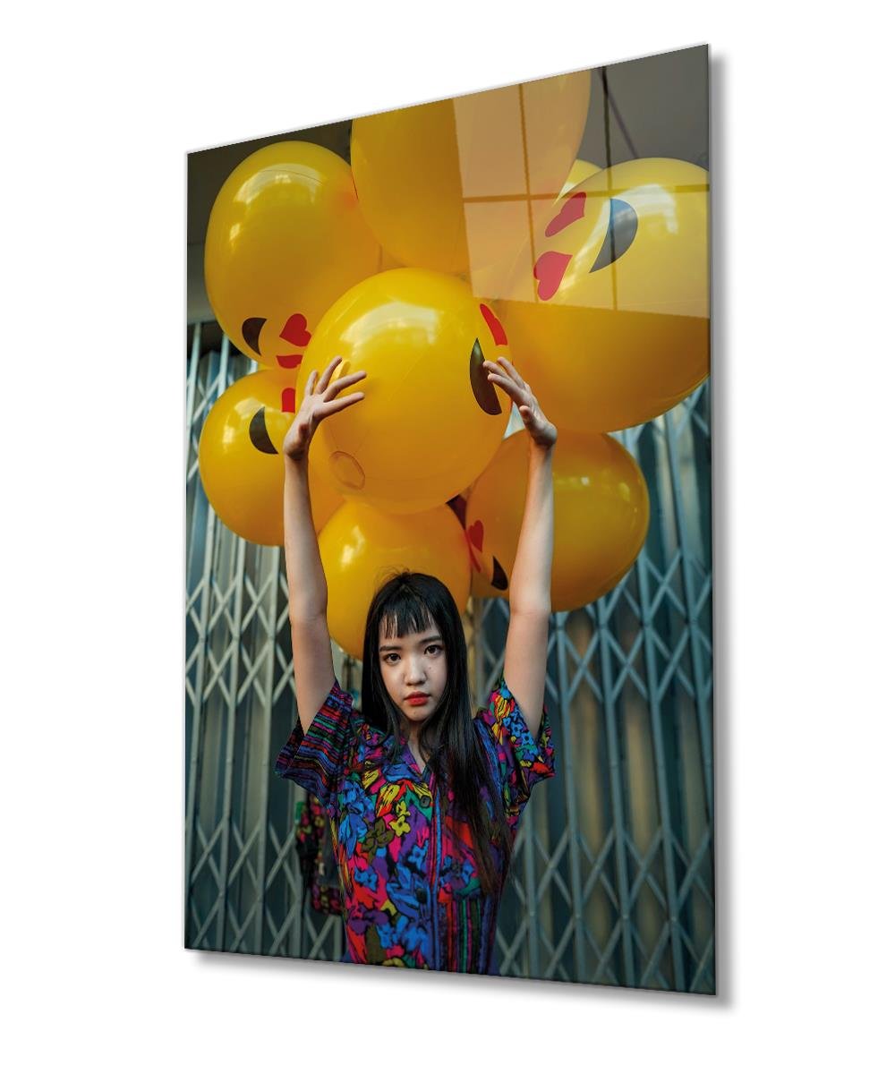 Sarı Balon Cam Tablo  4mm Dayanıklı Temperli Cam, Yellow Ballons Glass Wall Art