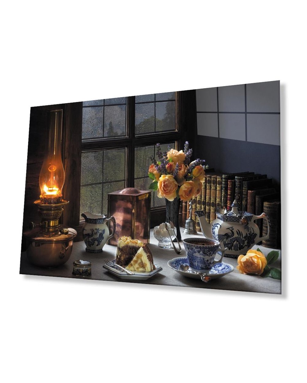 Sarı Güller Yağmur Gaz Lamba Görselli Natürmort Cam Tablo Yellow Roses Rain Gas Lamp Image Still Life Glass Painting