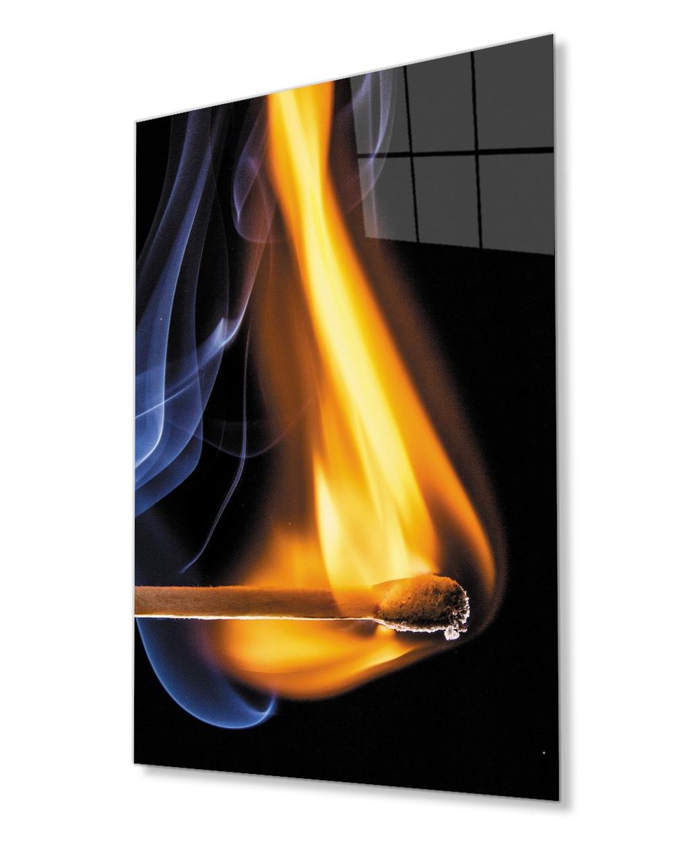 Sarı Mavi  Ateş Yanan Kibrit Cam Tablo 4mm Dayanıklı Temperli Cam Fire Glass Painting