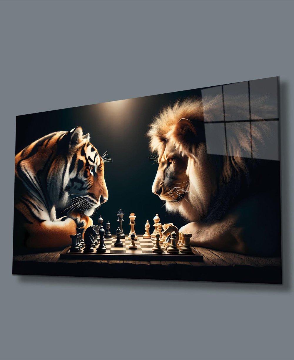 Satranç Ustaları Kaplan vs Aslan Cam Tablo Yapay Zeka Hediyelik Büyük Tablo Ev Ofis Dekoru
