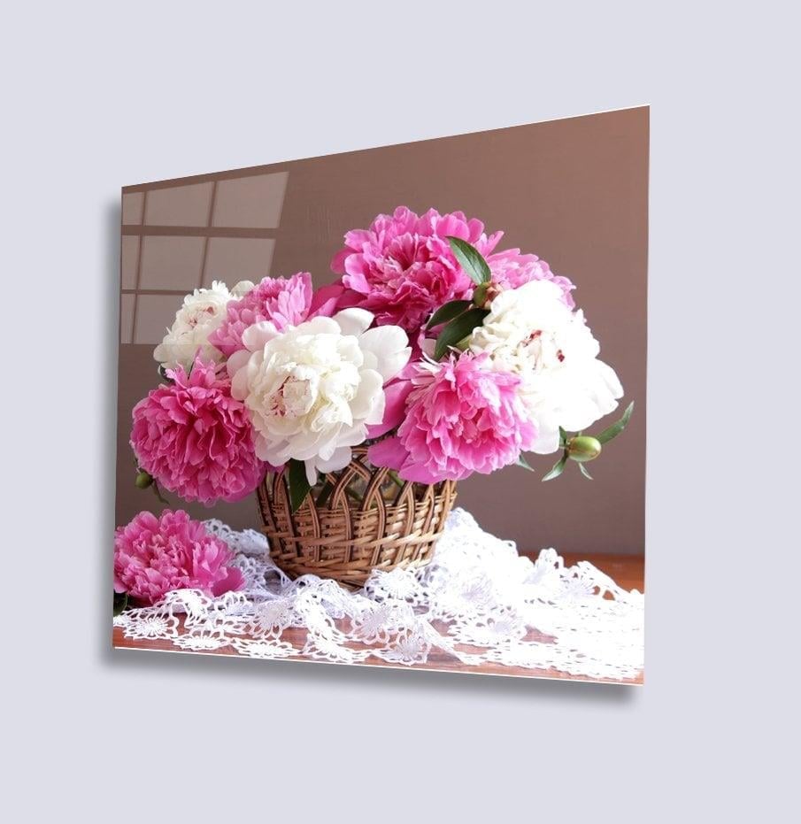 Sepette Pembe Beyaz Çiçekler Uv Baskılı Cam Tablo 4mm Dayanıklı Temperli Cam 50x50 Cm