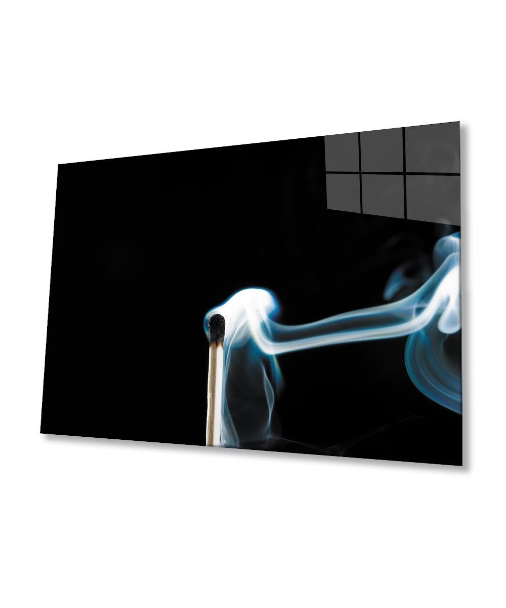 Siyah Arka Fon Kibrit ve Duman 4mm Dayanıklı Cam Tablo Temperli Cam, Black Background Matches and Smoke Glass Wall Art