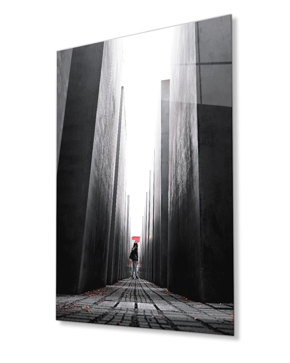 Siyah Beyaz  Aşağıdan Yukarı Kadın Detaylı  Geometrik Mimari Tablo 4mm Dayanıklı Temperli Cam Black And White Geometric Building Glass Painting