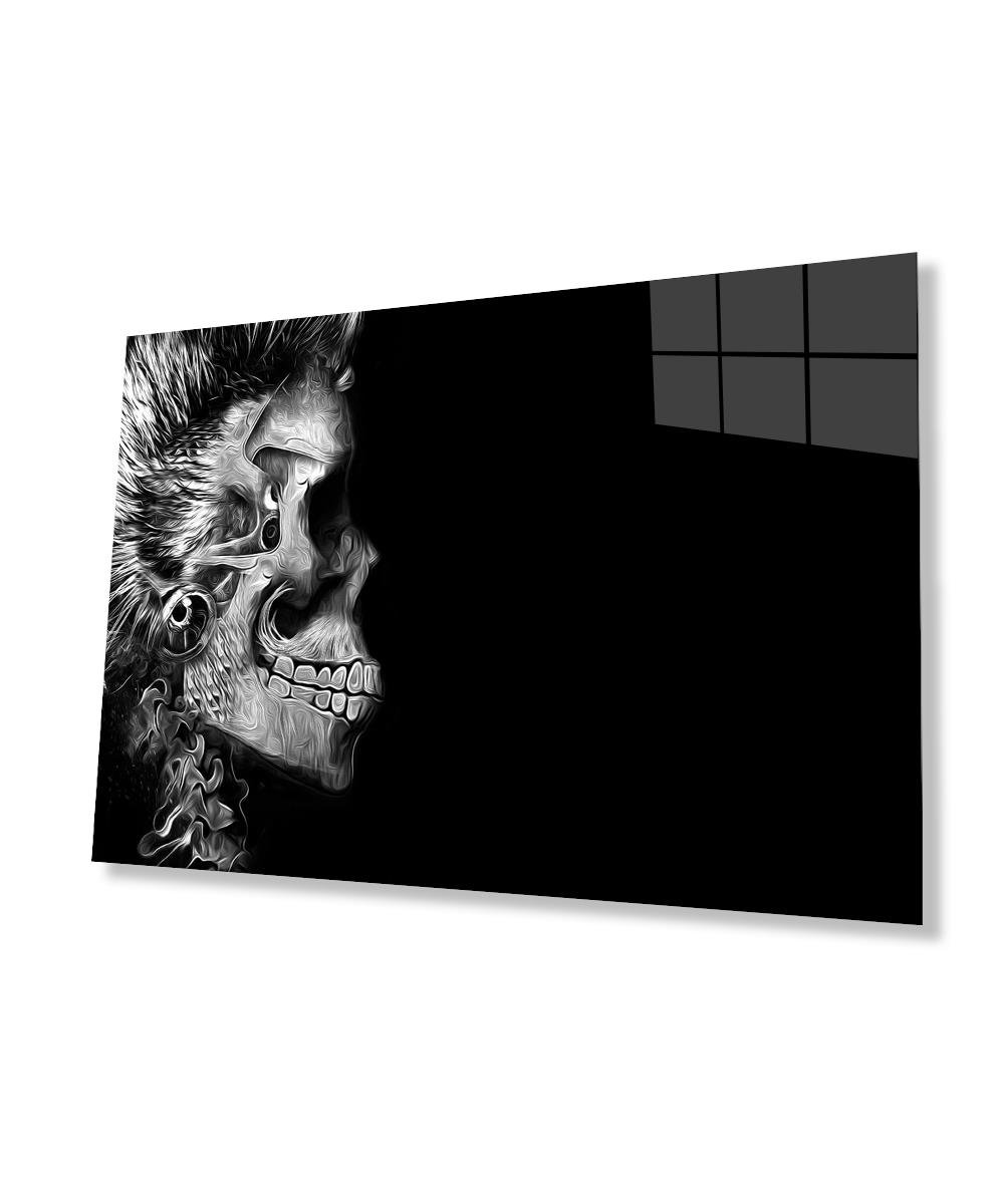 Siyah Beyaz Fütüristik Kurukafa Cam Tablo  4mm Dayanıklı Temperli Cam Black and White Futuristic Skull Glass Wall Art
