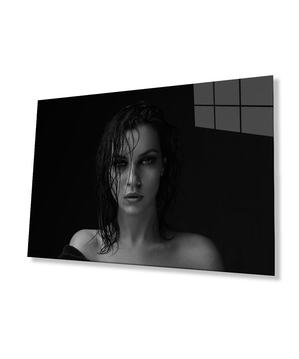 Siyah Beyaz İnsan Fotoğrafları Kadın Cam Tablo  4mm Dayanıklı Temperli Cam Black and White People Photos Woman Glass Wall Art