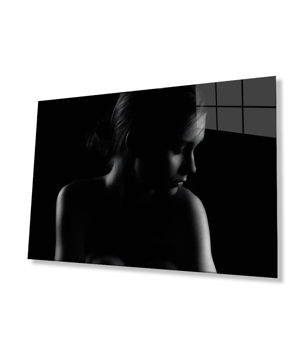 Siyah Beyaz İnsan Fotoğrafları Kadın  Cam Tablo  4mm Dayanıklı Temperli Cam Black and White People Photos Woman Glass Wall Art