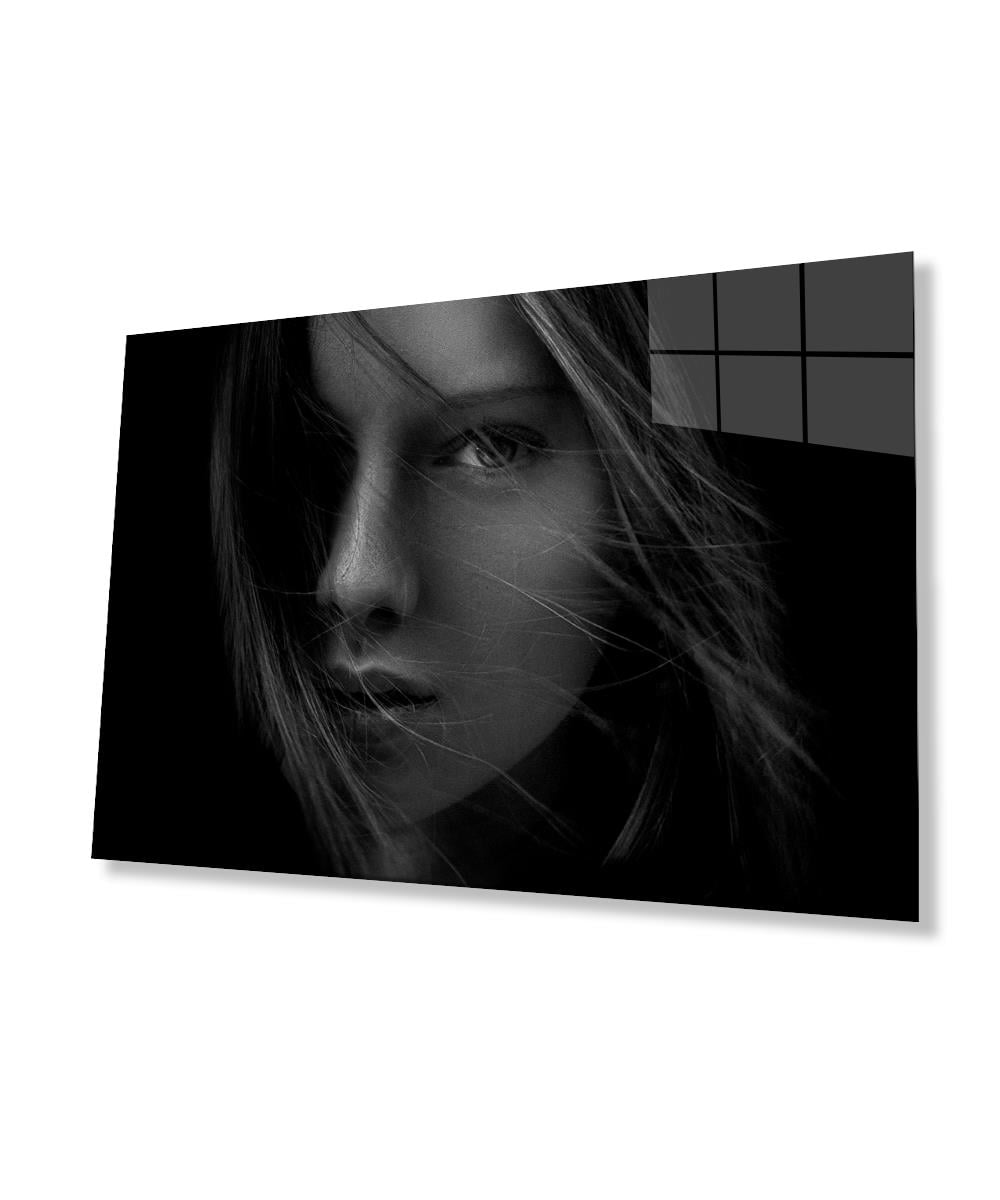 Siyah Beyaz İnsan Fotoğrafları Kadın Cam Tablo  4mm Dayanıklı Temperli Cam Black and White People Photos Woman Glass Wall Art