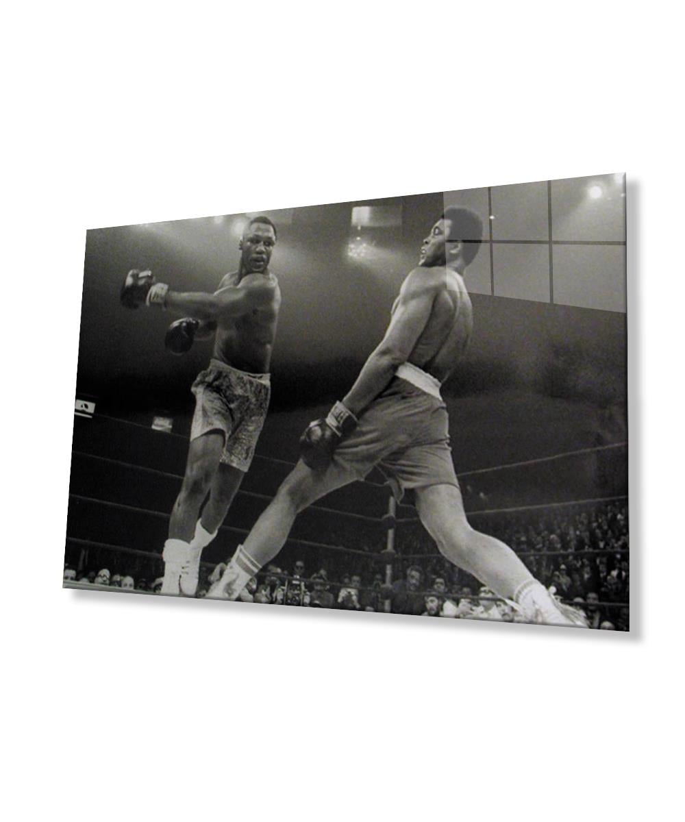 Siyah Beyaz İnsan Fotoğrafları  Muhammet  Ali Cam Tablo  4mm Dayanıklı Temperli Cam Black and White People Photos Muhammet Ali Glass Wall Art