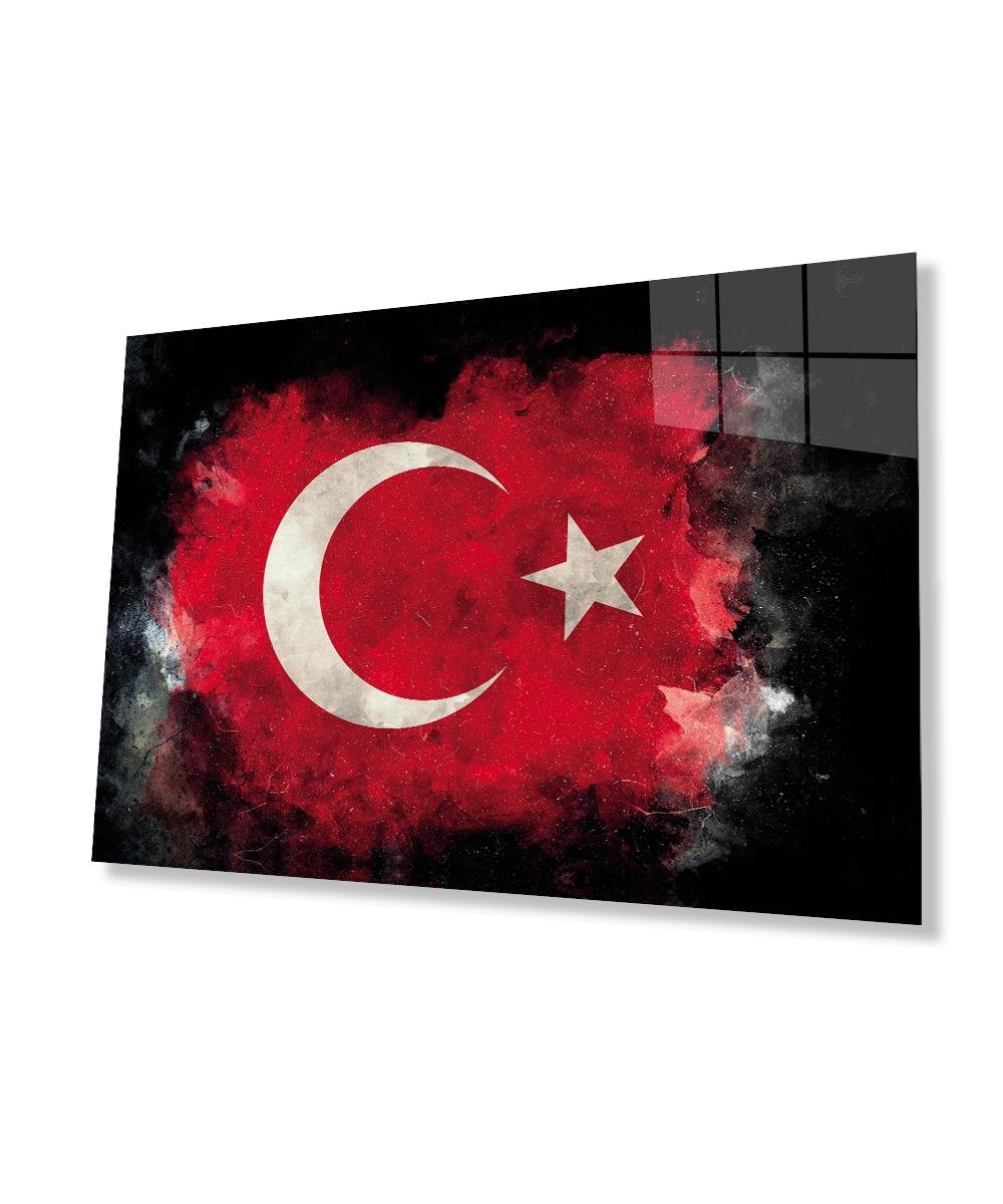 Siyah Fonlu Türk Bayrağı Ay Yıldız Cam Siyah Fon Black Background Turkish Flag Crescent and Star Glass Wall Art