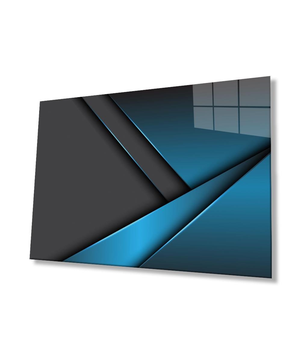 Siyah ve Mavi Geometrik Mimari Cam Tablo  4mm Dayanıklı Temperli Cam, Black and Blue Geometric Architecture Glass Wall Decor
