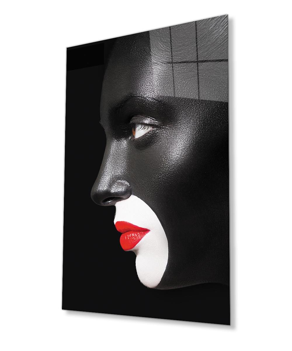 Siyah Yüz Kırmızı Rujlu Kadın Cam Tablo  4mm Dayanıklı Temperli Cam, Black Face Woman with Red Lipstick Glass Wall Art