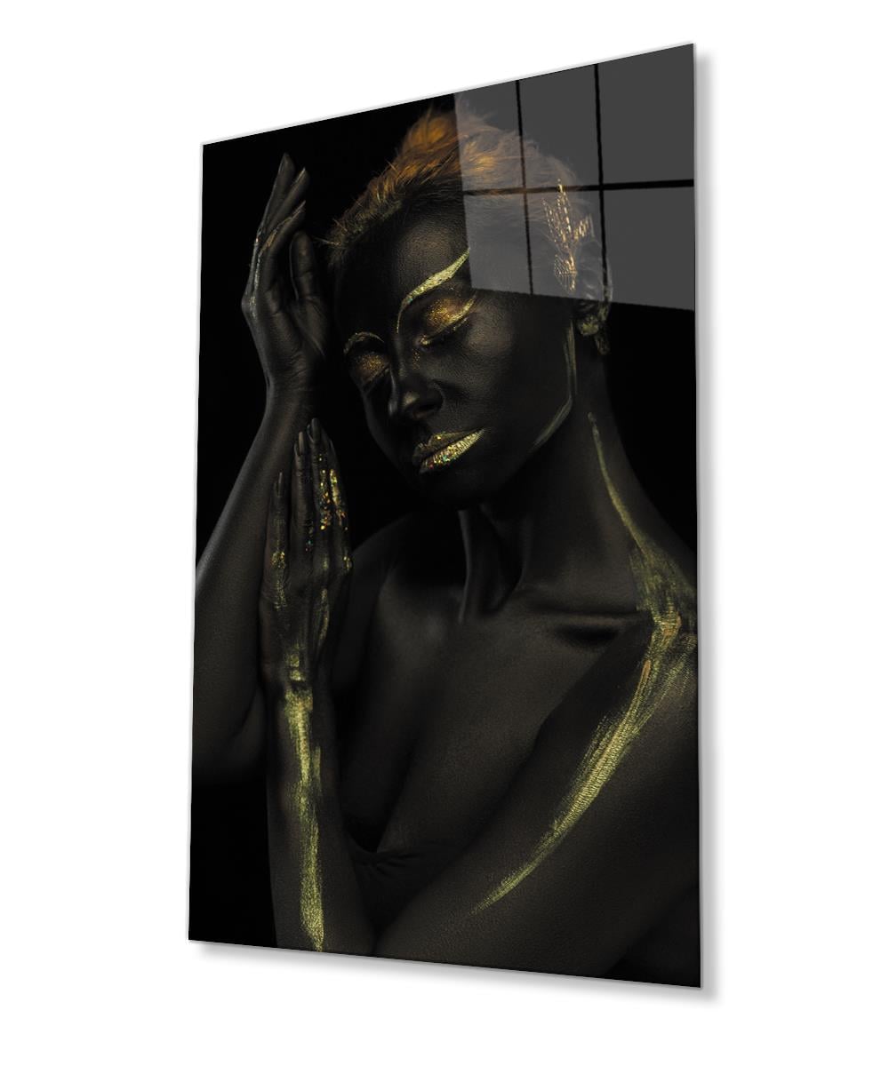 Siyahi Altın Hatlı Kadın Cam Tablo  4mm Dayanıklı Temperli Cam,  Black Gold Lined Woman Glass Wall Art