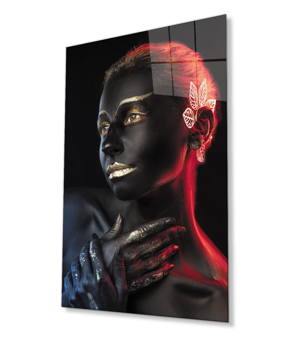Siyahi Altın Hatlı Kadın Dumanlı Cam Tablo  4mm Dayanıklı Temperli Cam,  Black Gold Line Woman Smoky Glass Wall Art