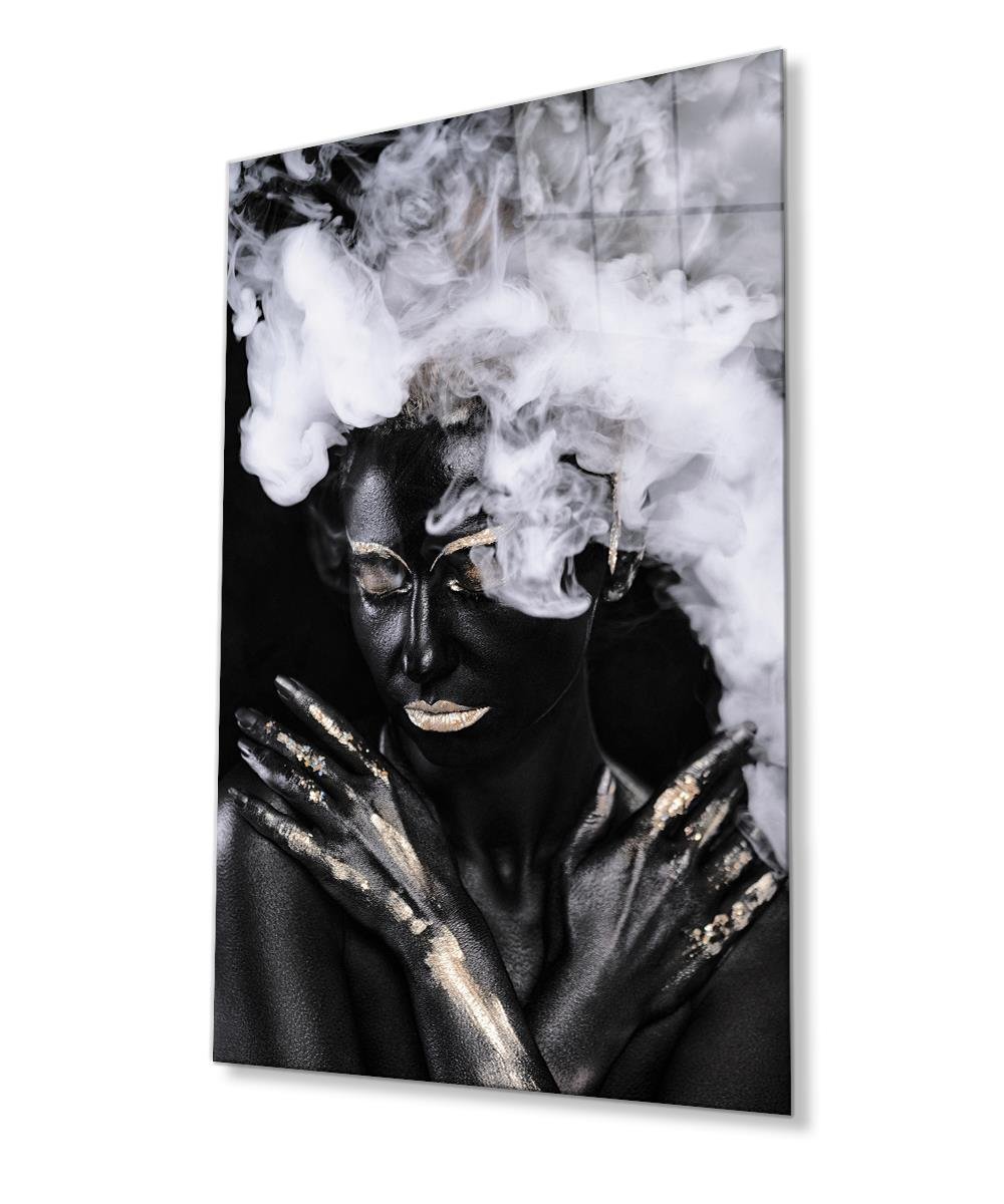Siyahi Altın Hatlı Kadın Dumanlı Cam Tablo  4mm Dayanıklı Temperli Cam,  Black Gold Line Woman Smoky Glass Wall Art