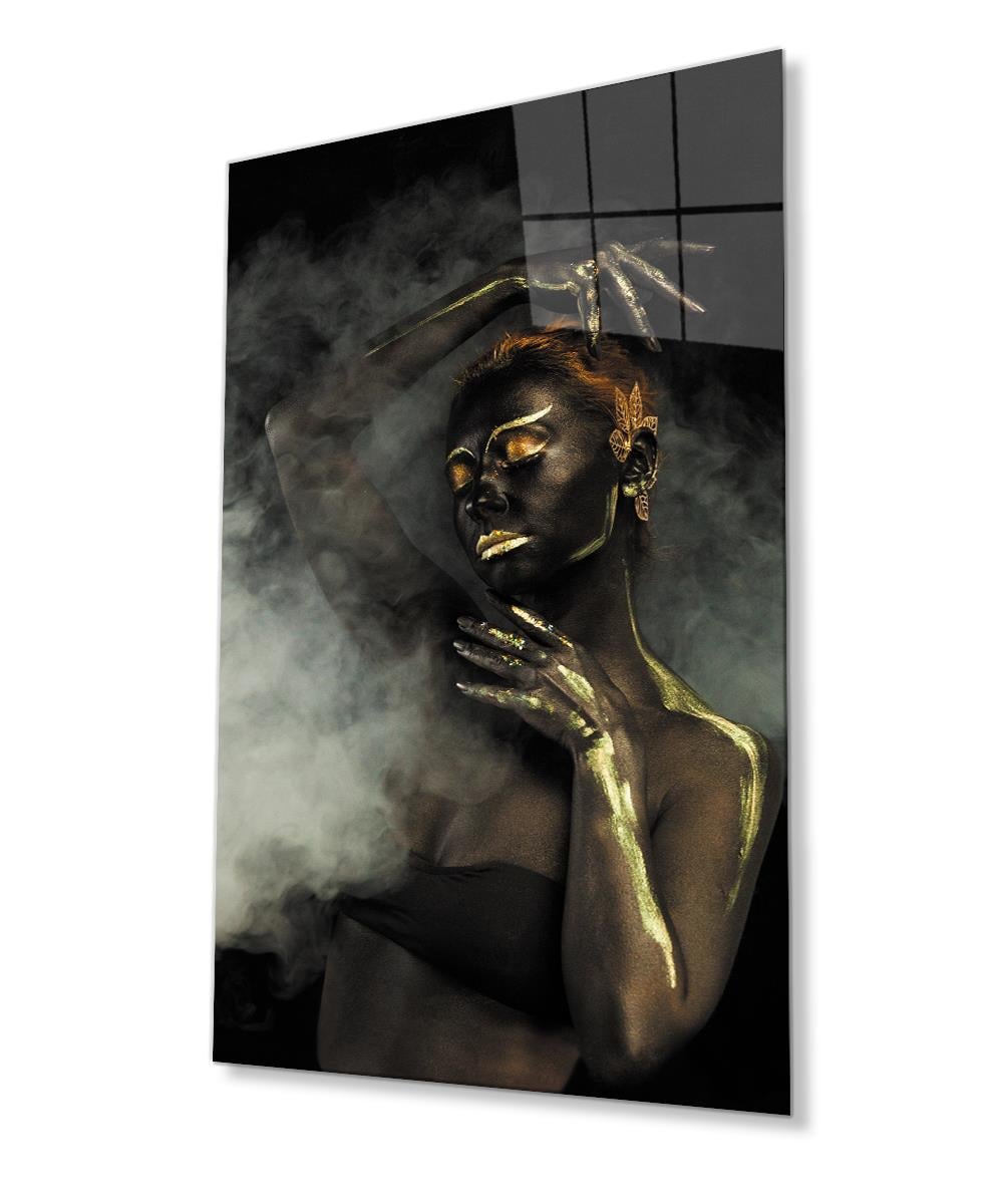 Siyahi Altın Hatlı Kadın Dumanlı Cam Tablo  4mm Dayanıklı Temperli Cam,  Black Gold Line Woman Smoky Glass Wall Art