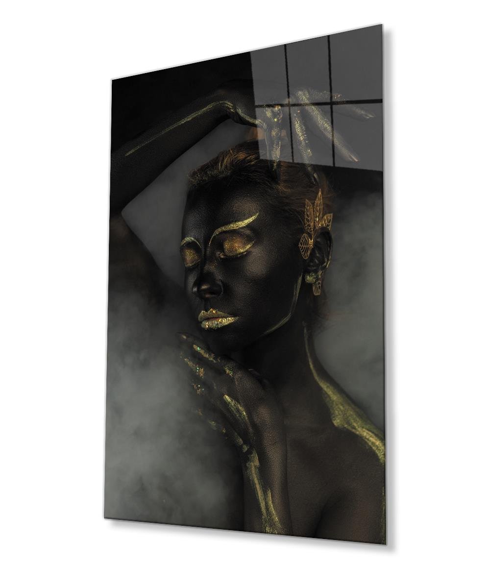 Siyahi Altın Hatlı Kadın Dumanlı Cam Tablo  4mm Dayanıklı Temperli Cam,  Black Gold Line Woman Smoky Glass Wall Art