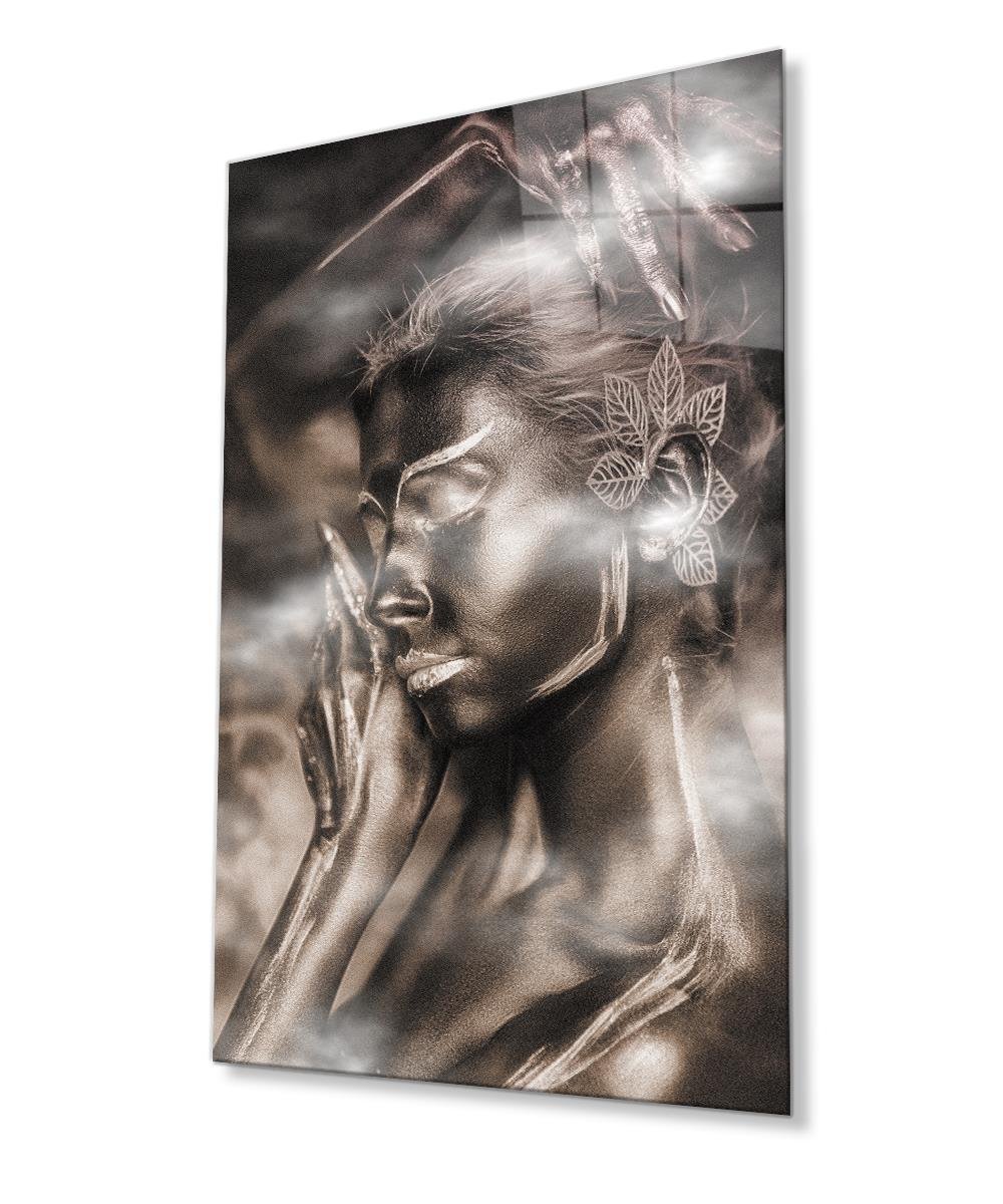 Siyahi Altın Hatlı Kadın Dumanlı Cam Tablo  4mm Dayanıklı Temperli Cam,  Black Gold Line Woman Smoky Glass Wall Art