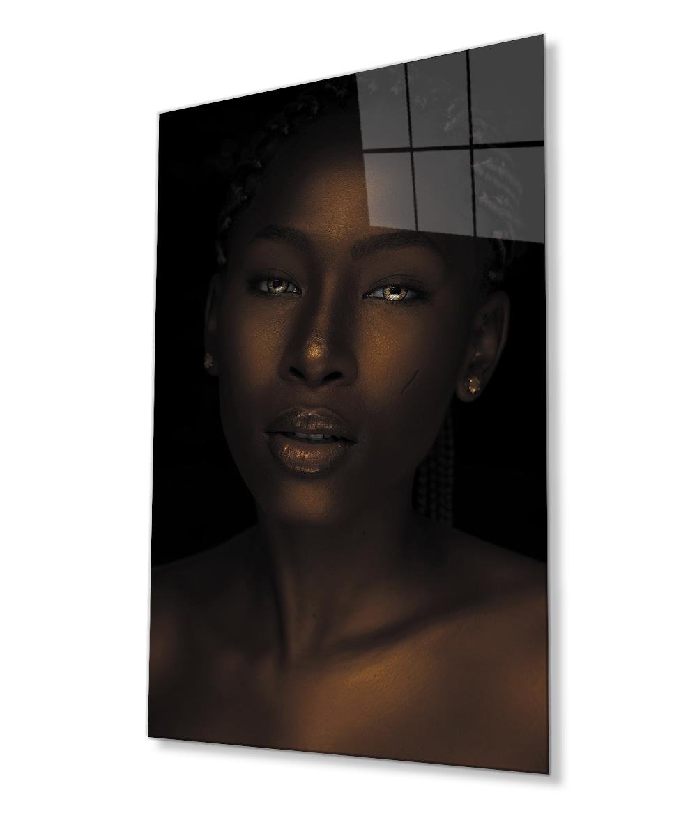 Siyahi Kadın Ela Gözler Cam Tablo  4mm Dayanıklı Temperli Cam,  Black Woman Hazel Eyes Glass Wall Art